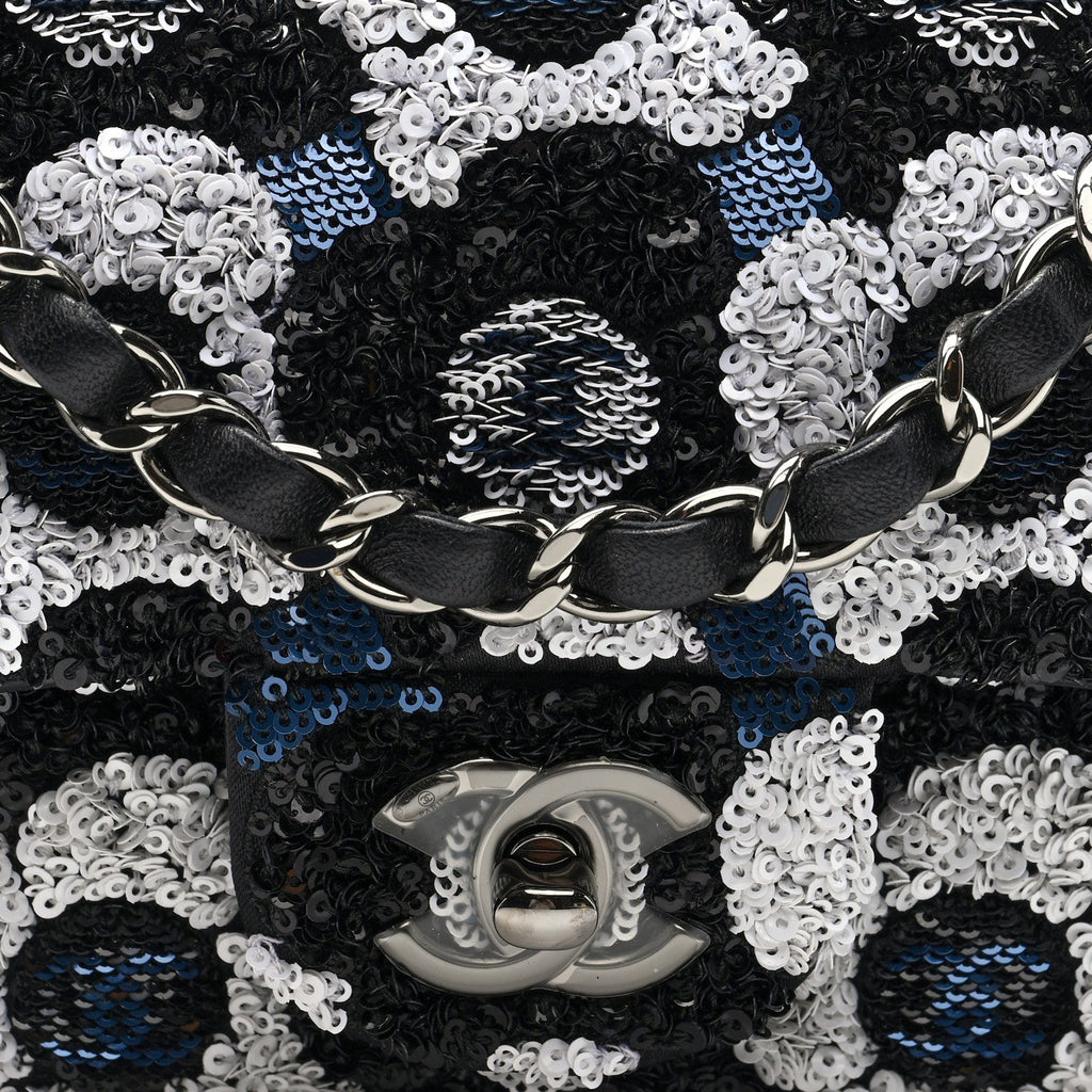 Chanel Satin Sequin Embellished Flower Mini Rectangular Flap Black White Blue