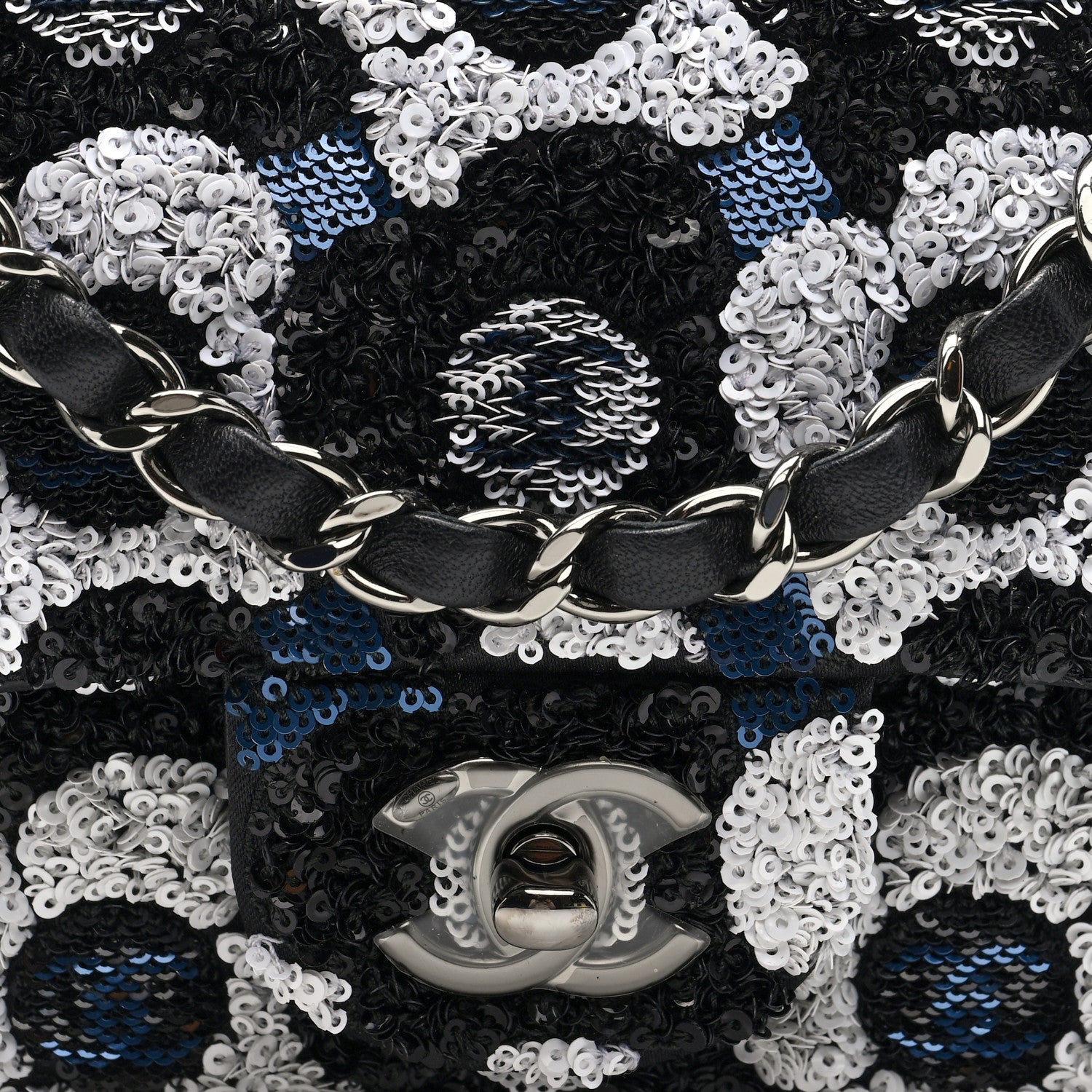 Chanel Satin Sequin Embellished Flower Mini Rectangular Flap Black White Blue