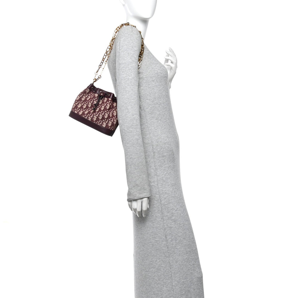 Christian Dior Oblique Drawstring Chain Bucket Bag Burgundy