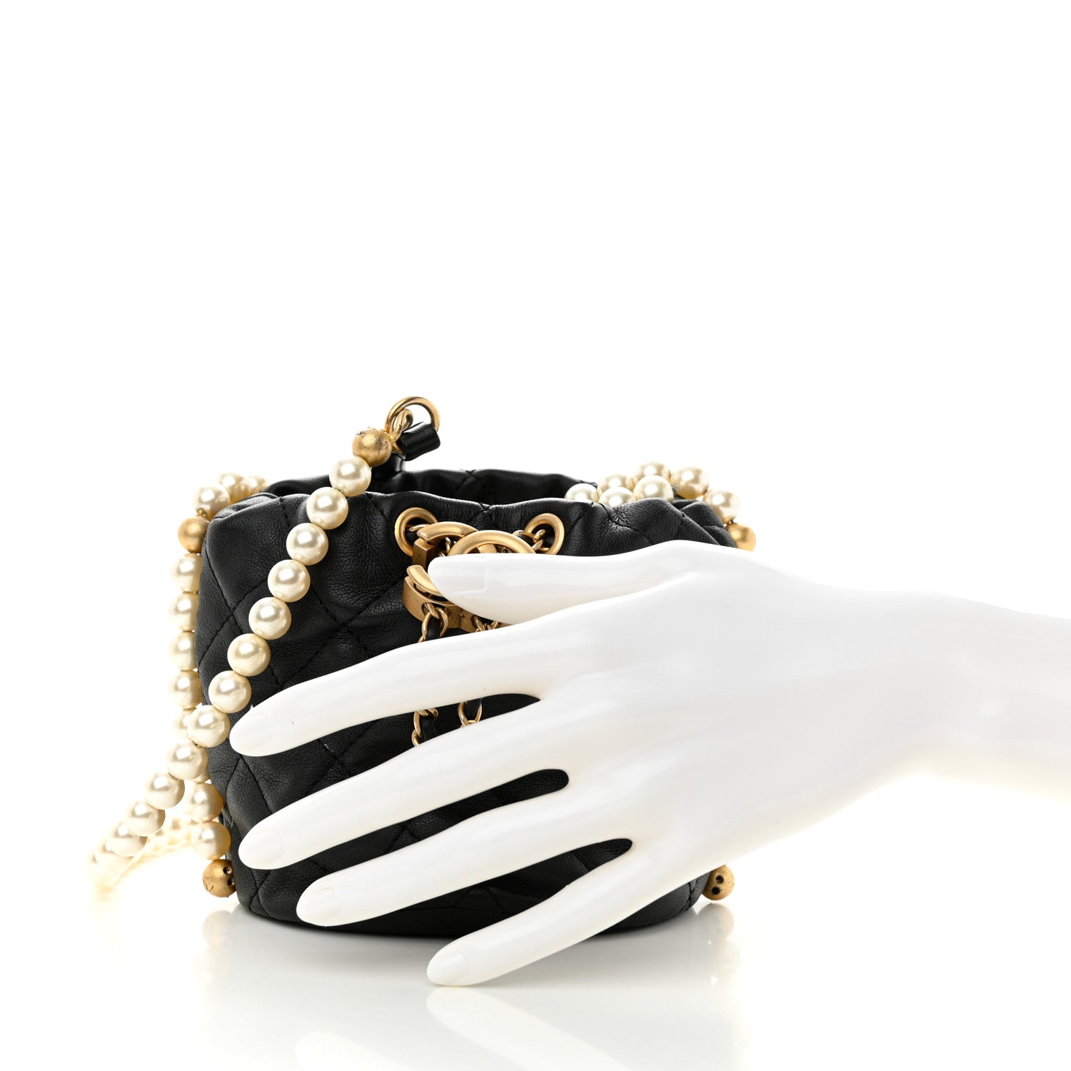 Chanel Calfskin Quilted Pearl Mini About Pearls Drawstring Bucket Bag Black