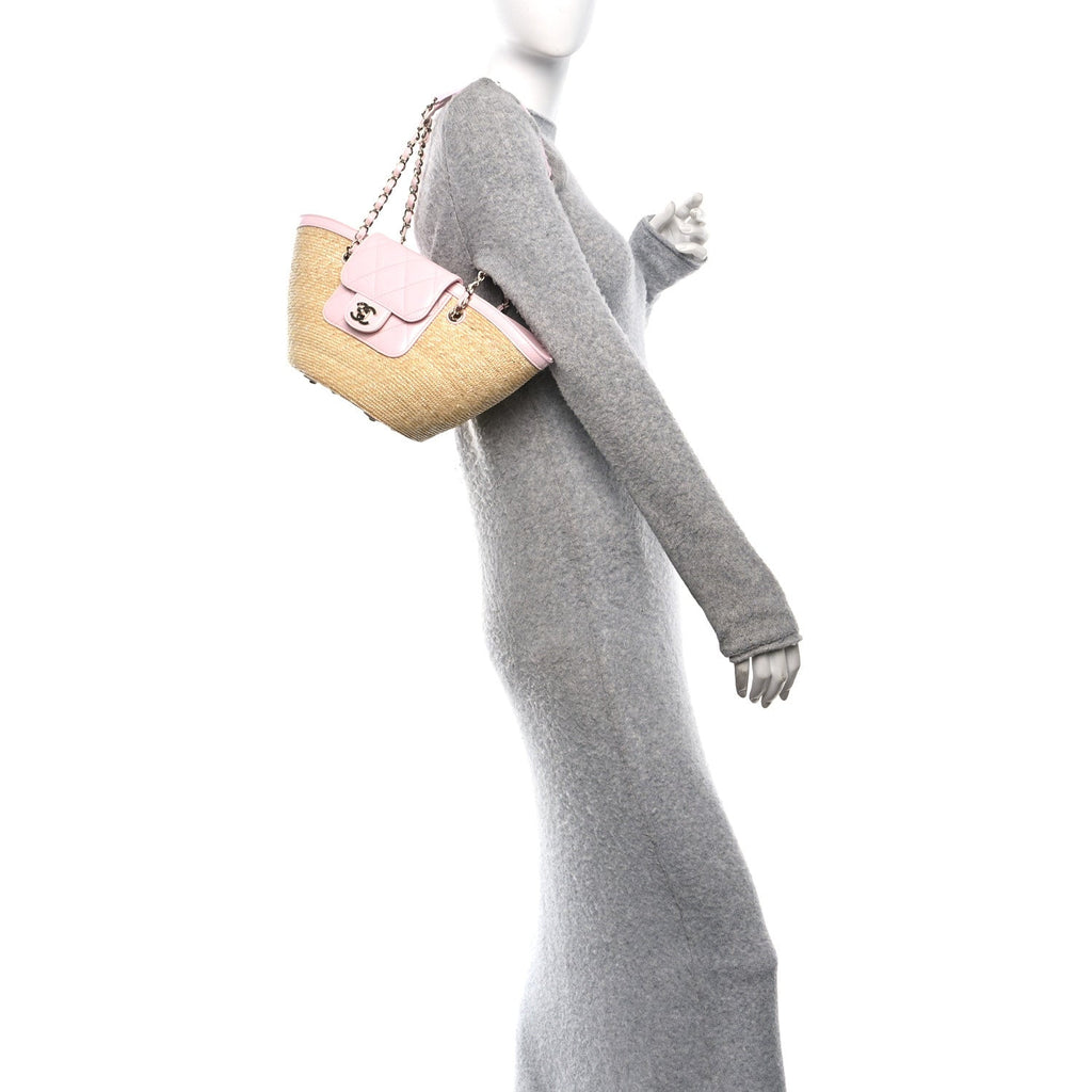 Chanel Raffia Lambskin Small Wicker Tote Beige Light Pink