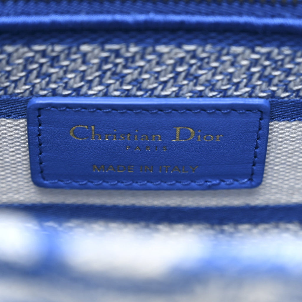 Christian Dior Canvas Toile De Jouy Reverse Embroidered Medium Lady D-Lite Fluorescent Blue