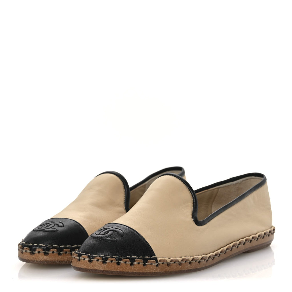 Lambskin Chain CC Mocassin Loafer Espadrilles 36 Beige Black