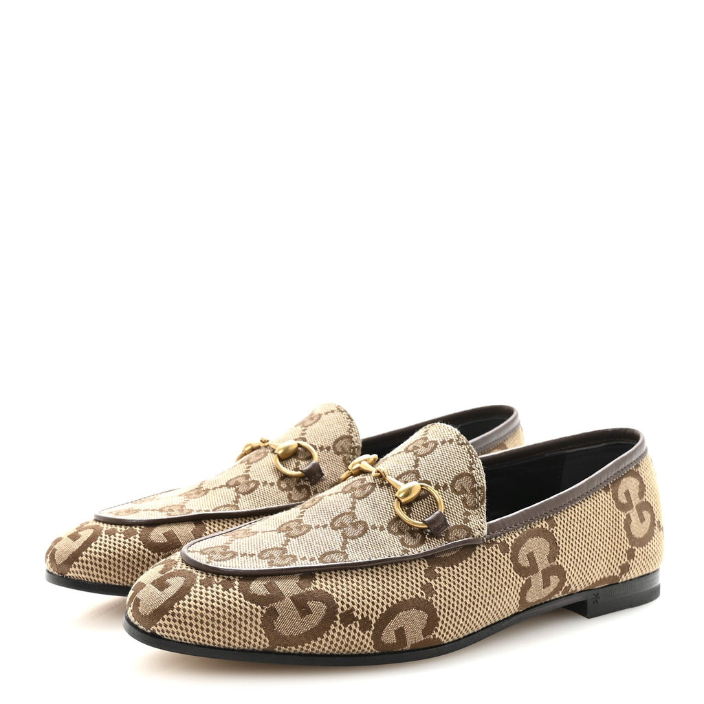 Gucci Monogram Jumbo GG Malaga Kid Horsebit Womens Jordaan Loafers 36.5 Camel Ebony New Acero Beige