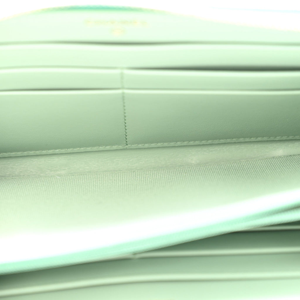Caviar Quilted Perforated CC Long Zipped Wallet Green