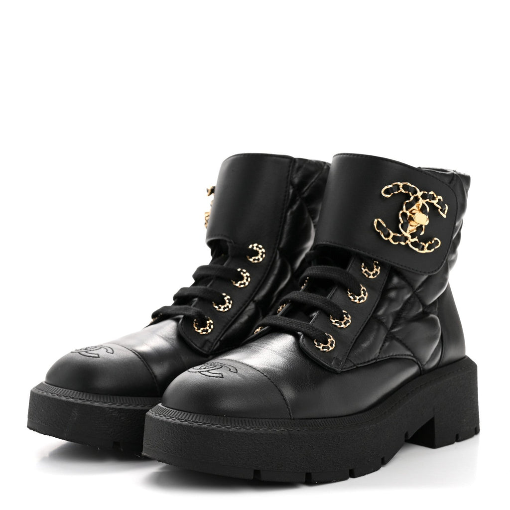 Lambskin Calfskin Quilted Lace Up Combat Boots 38 Black