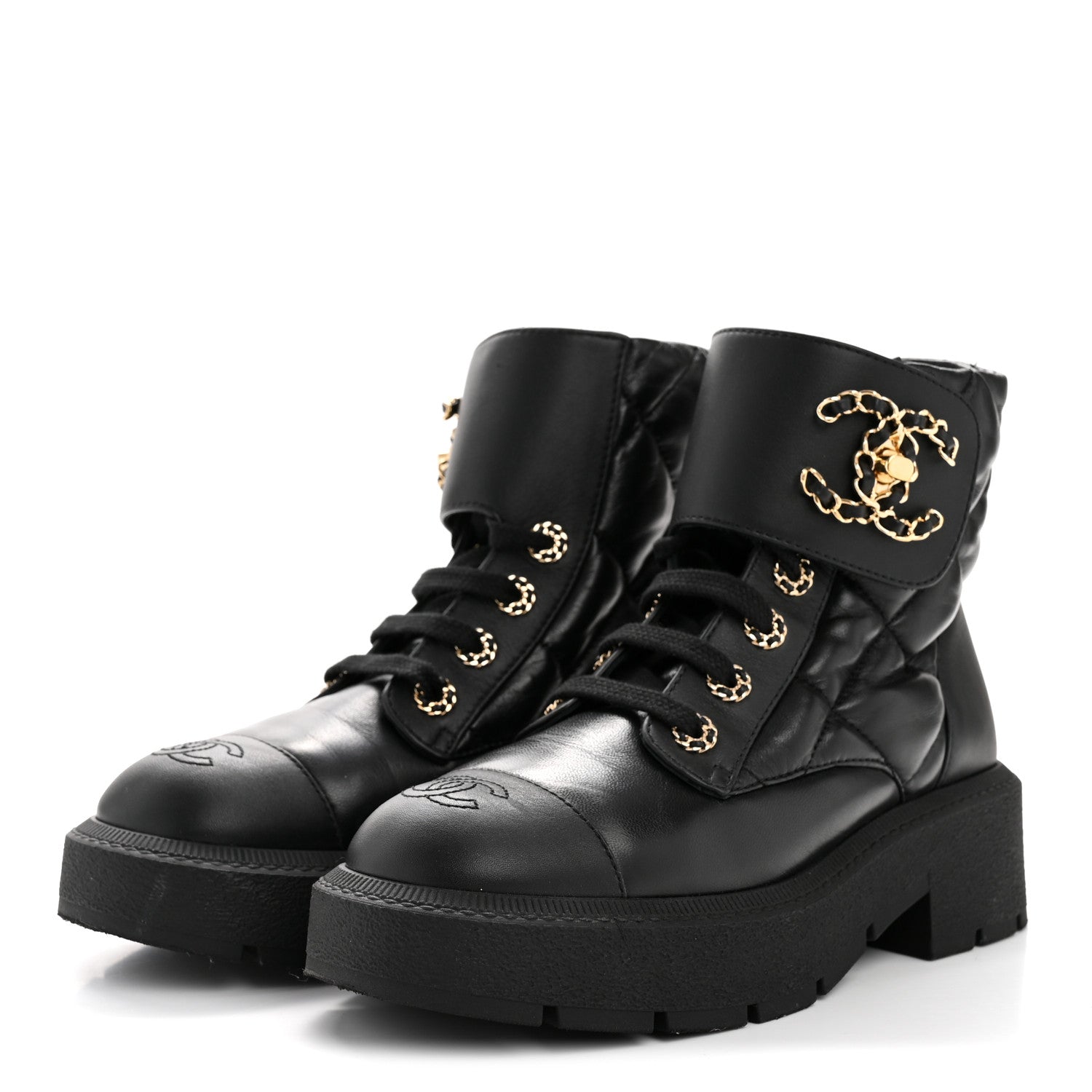 Lambskin Calfskin Quilted Lace Up Combat Boots 38 Black