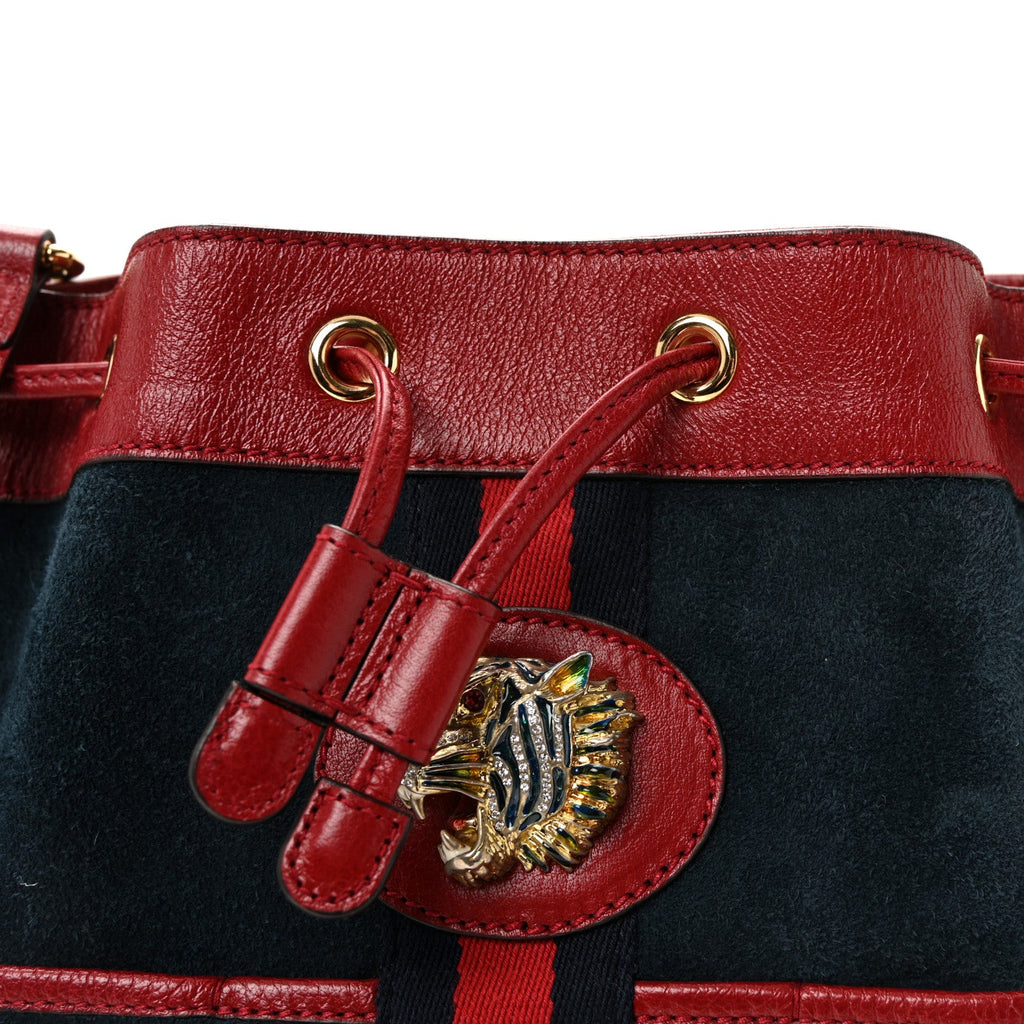 Gucci Suede Calfskin Web Medium Rajah Bucket Bag New Blue Romantic Cherry