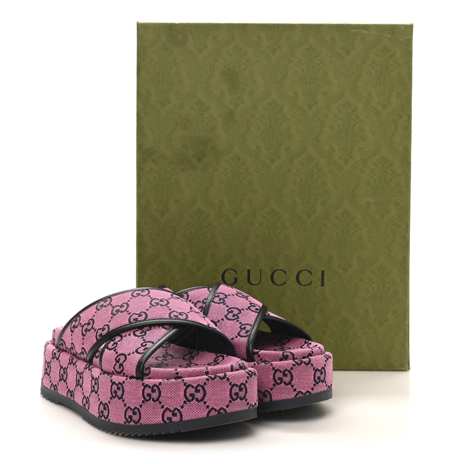 Gucci Monogram Multicolor Criss Cross Platform Slide Sandals 36.5 Pink Blue