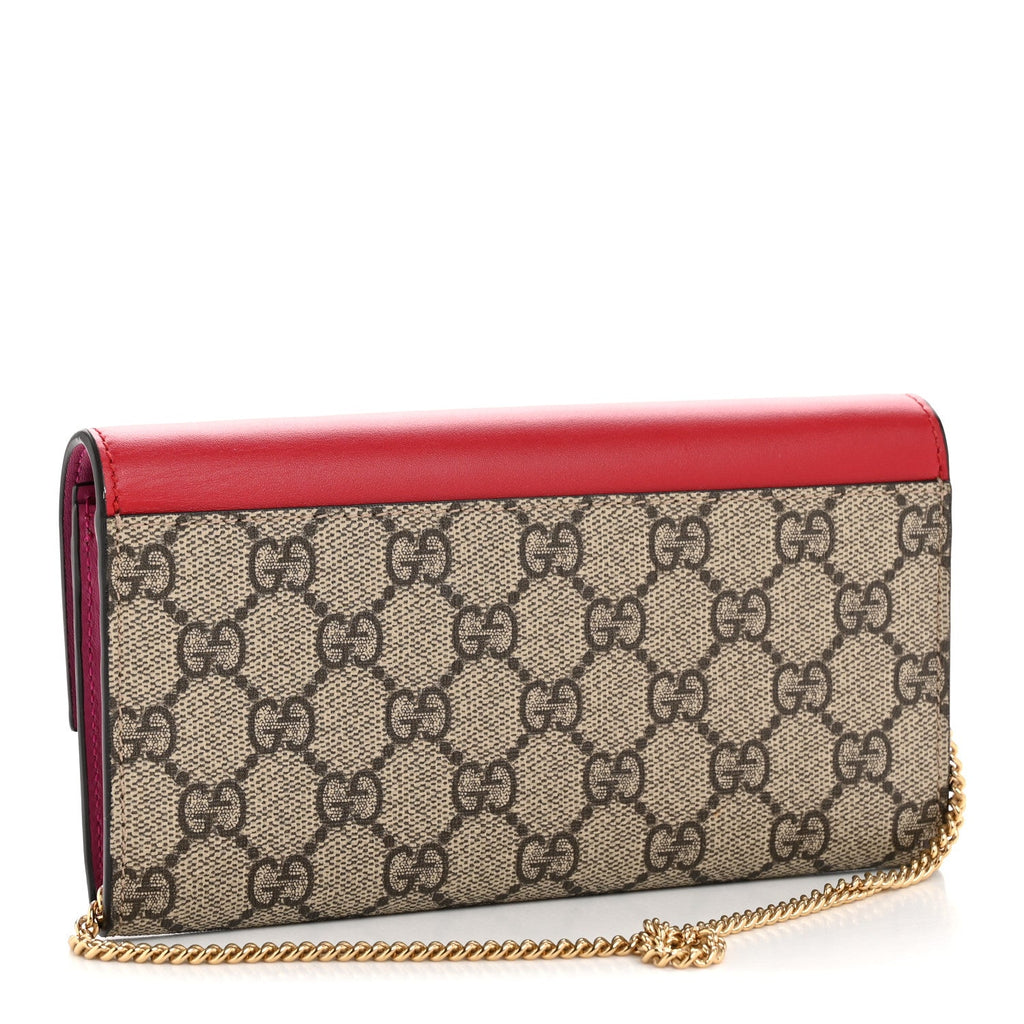 Gucci GG Supreme Monogram Moon Calfskin Padlock Continental Chain Wallet Beige Ebony Hibiscus Red New Rosette