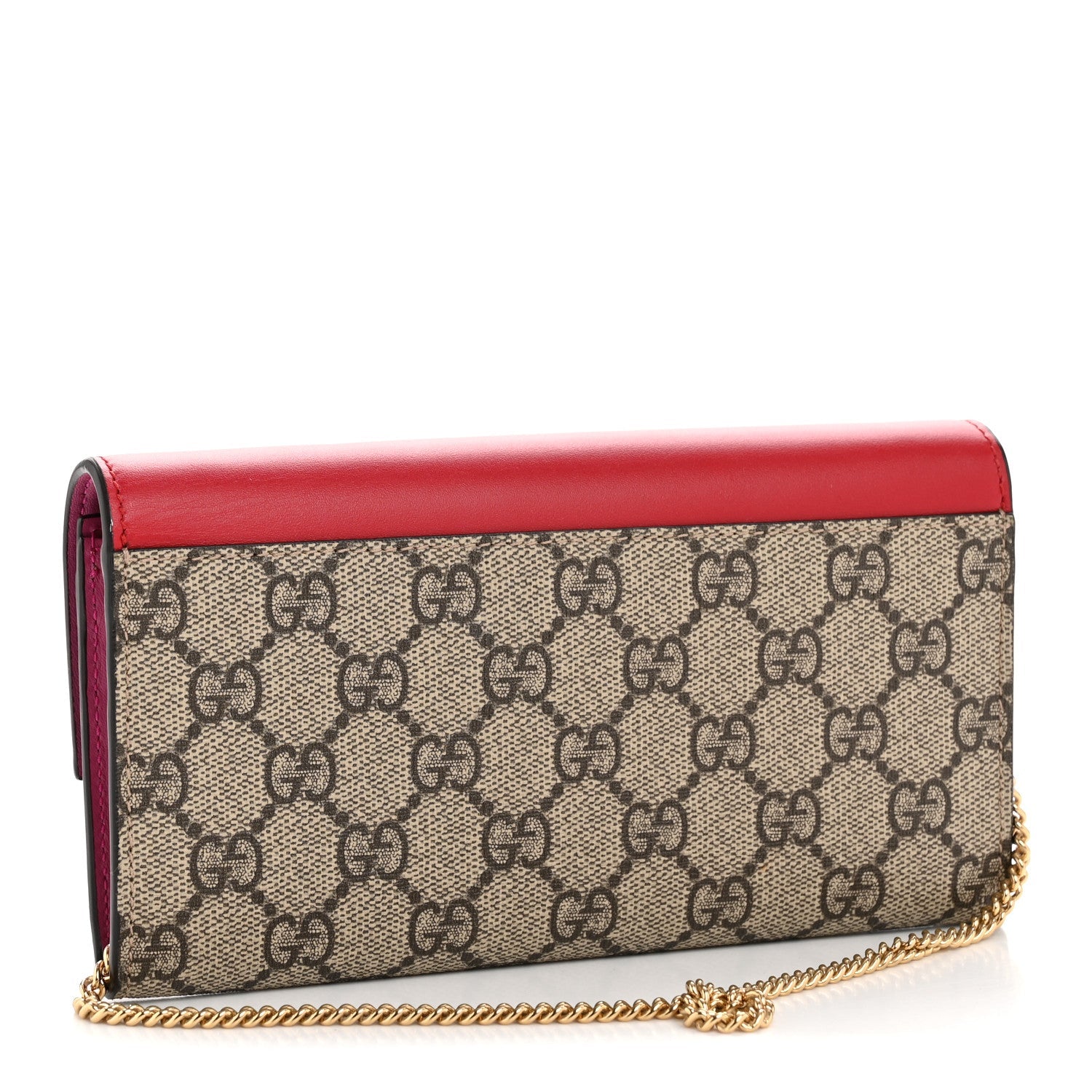 Gucci GG Supreme Monogram Moon Calfskin Padlock Continental Chain Wallet Beige Ebony Hibiscus Red New Rosette