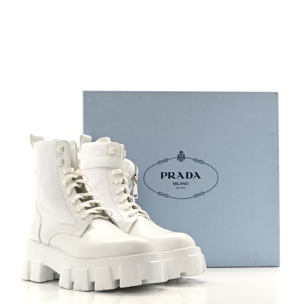 Prada Spazzolato Rois Re-Nylon Metal Triangle Logo Monolith Pouch Pocket 55mm Boots 40 White