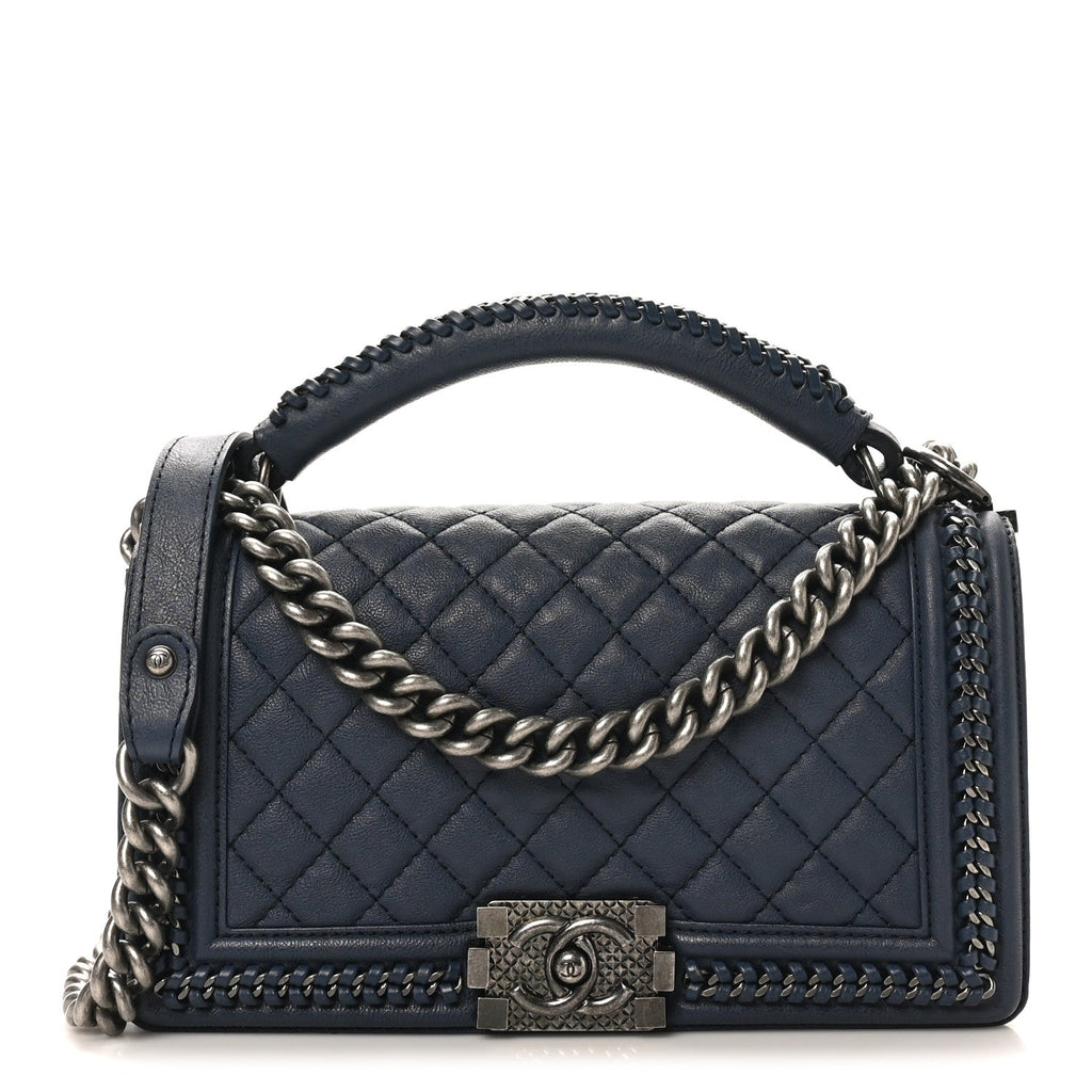 Chanel Calfskin Quilted Medium Top Handle Boy Flap Blue