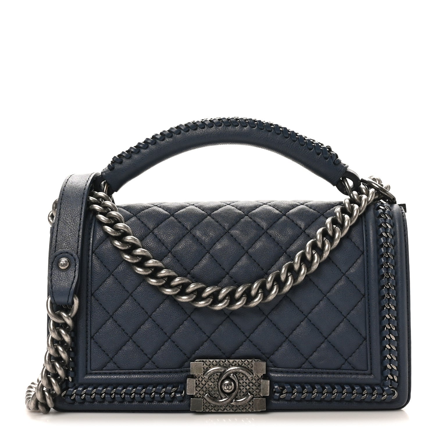 Chanel Calfskin Quilted Medium Top Handle Boy Flap Blue