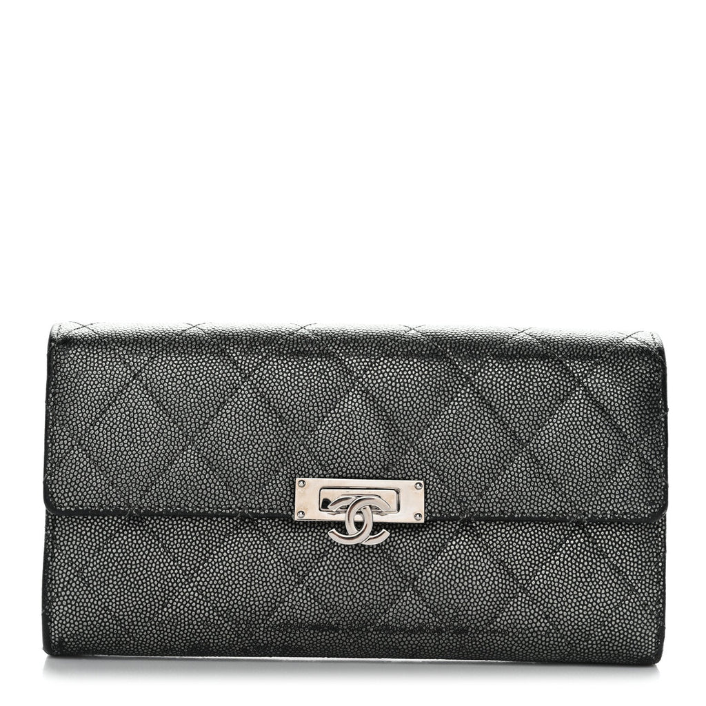 Metallic Caviar Quilted Large Golden Class Gusset Flap Wallet Dark Grey