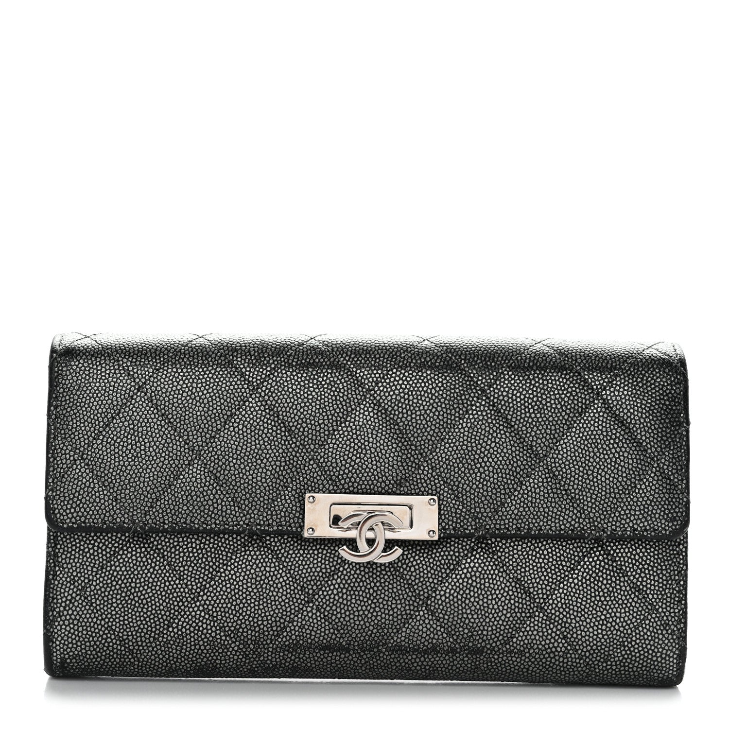 Metallic Caviar Quilted Large Golden Class Gusset Flap Wallet Dark Grey