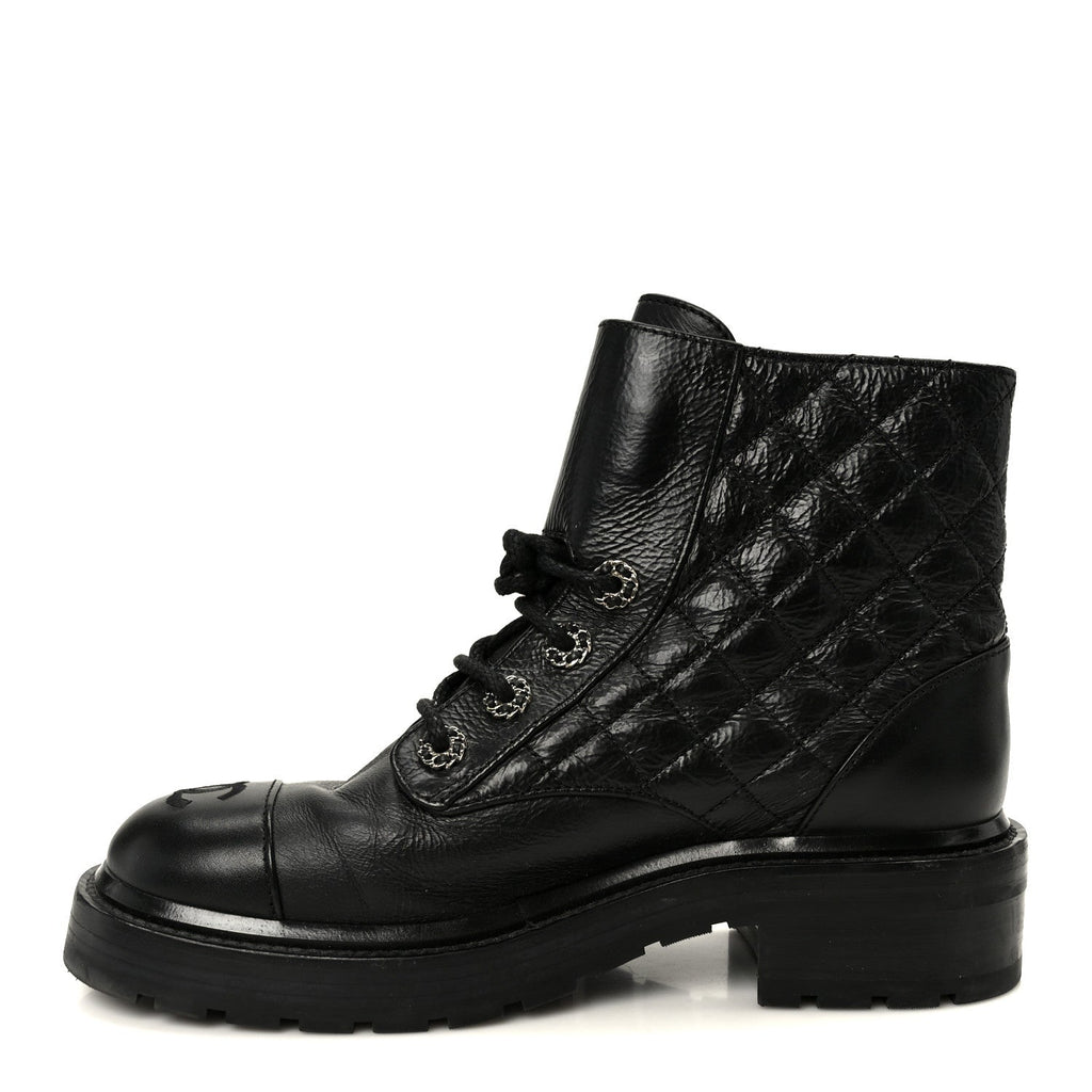 Chanel Shiny Goatskin Calfskin Quilted Lace Up Combat Boots 37.5 Black