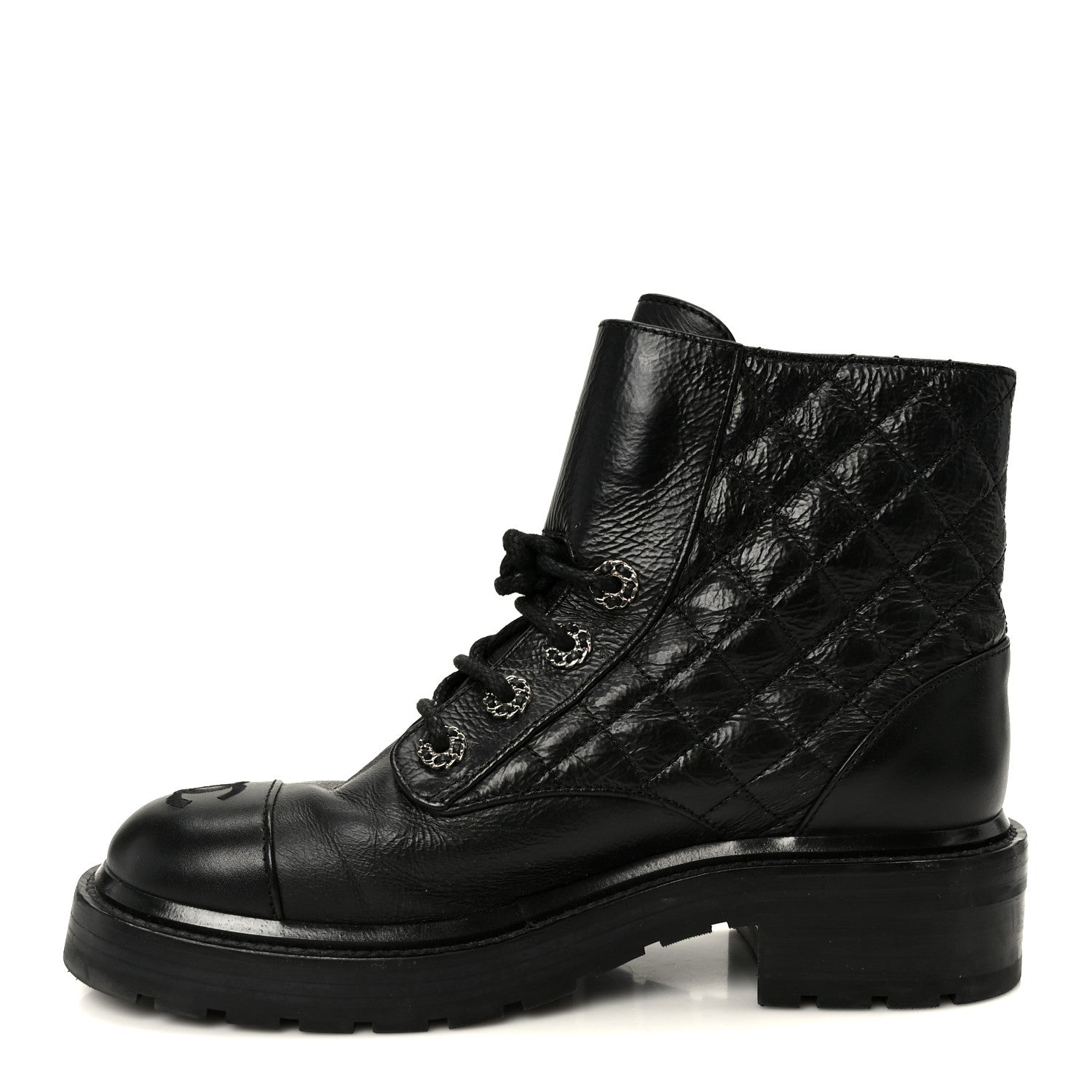 Chanel Shiny Goatskin Calfskin Quilted Lace Up Combat Boots 37.5 Black