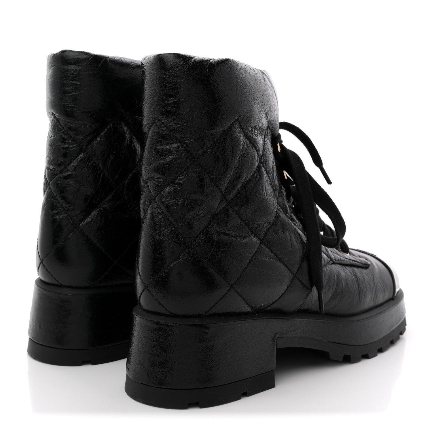 Crumpled Patent Lambskin Calfskin Quilted Lace Up Combat Boots 41.5 Black