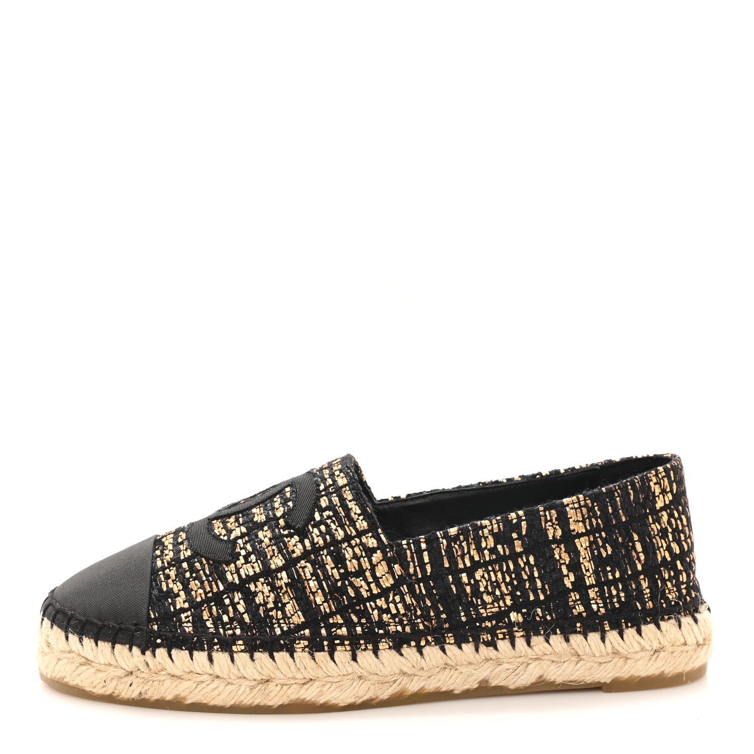 Metallic Tweed Grosgrain CC Espadrilles 38 Gold Black