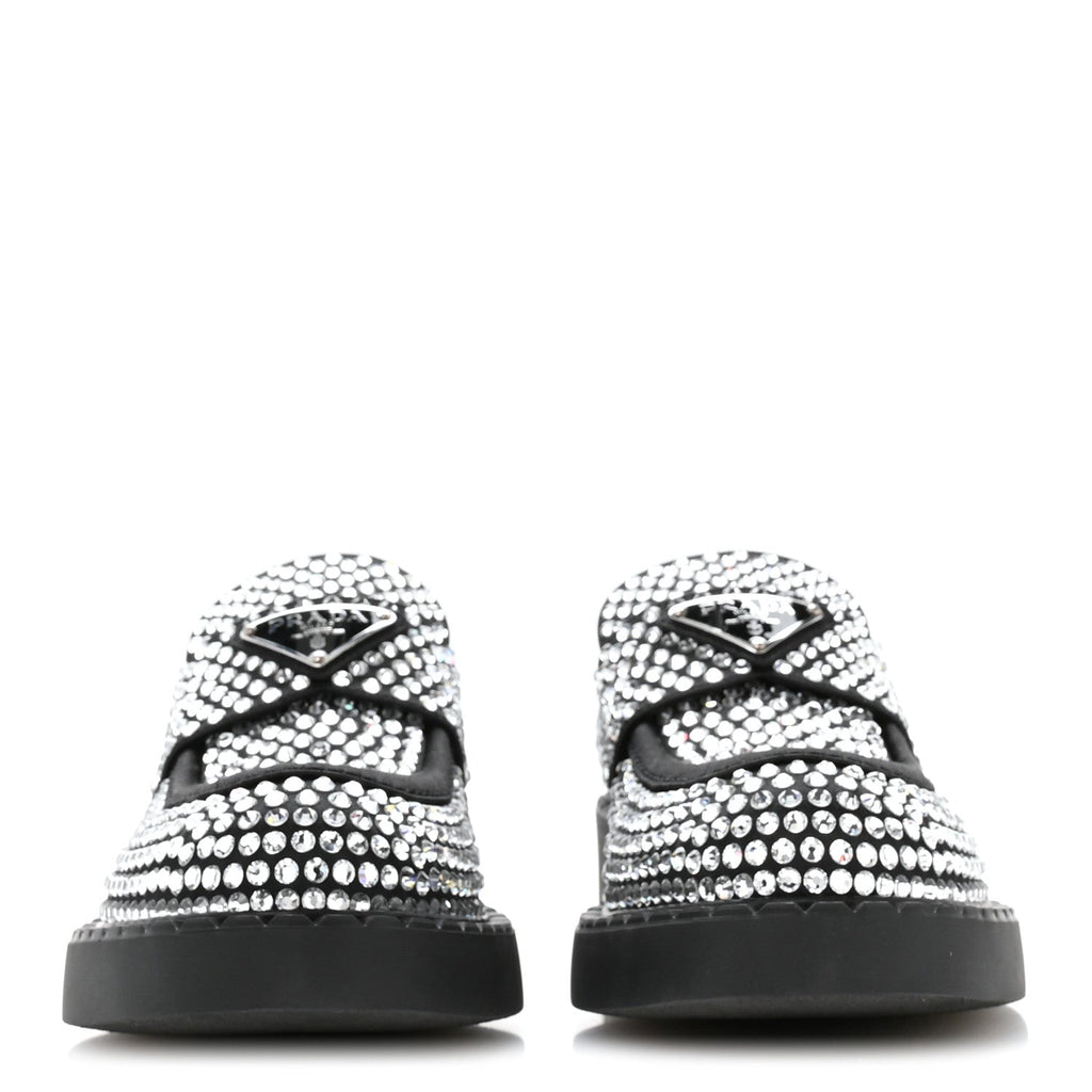 Prada Satin Crystal Metal Triangle Logo 50mm Loafers 36.5 Cristal