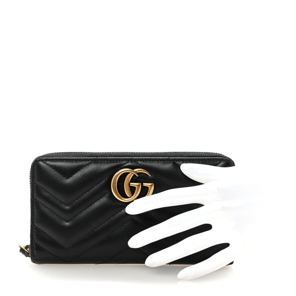Gucci Calfskin Matelasse GG Marmont Zip Around Wallet Black