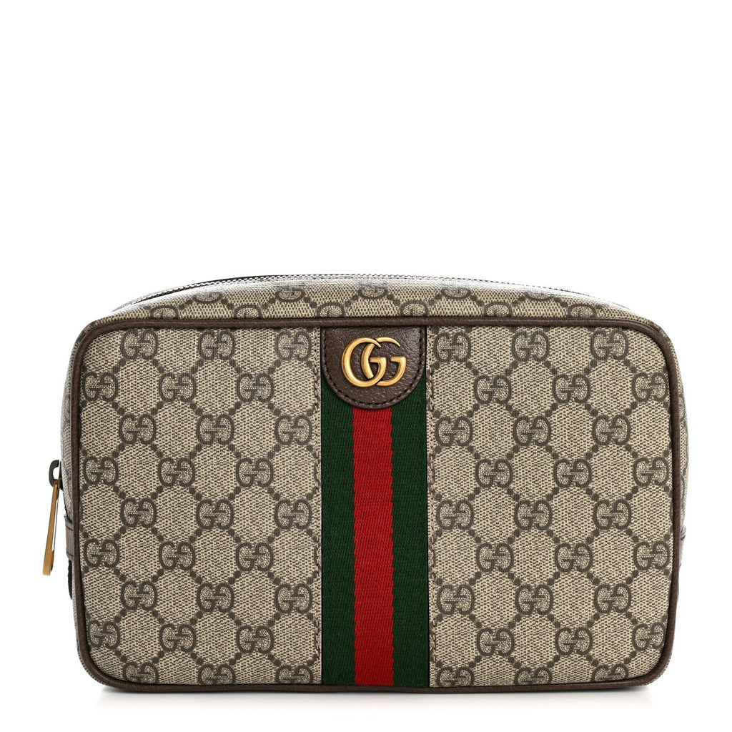 Gucci GG Supreme Monogram Textured Calfskin Web Small Cosmetic Case Beige Ebony New Acero