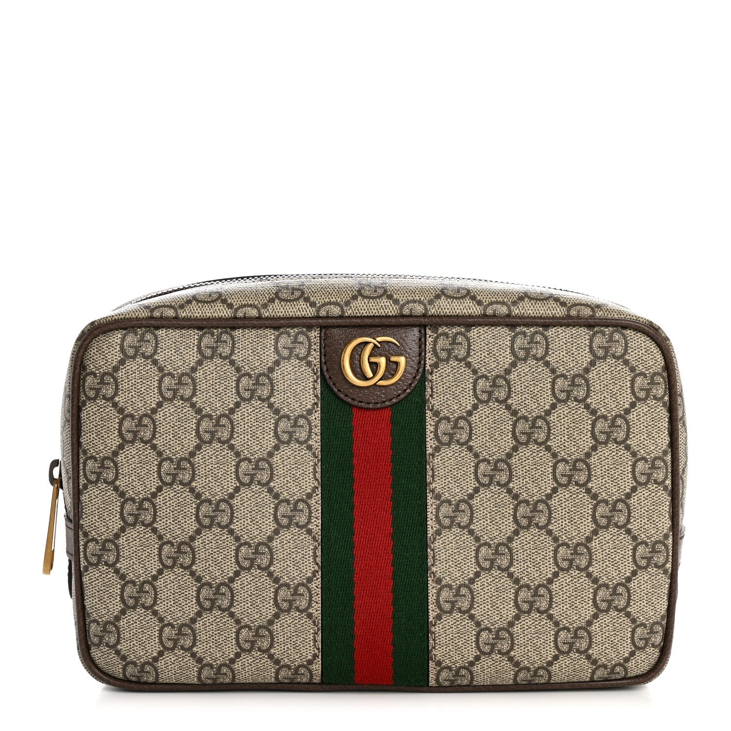 Gucci GG Supreme Monogram Textured Calfskin Web Small Cosmetic Case Beige Ebony New Acero