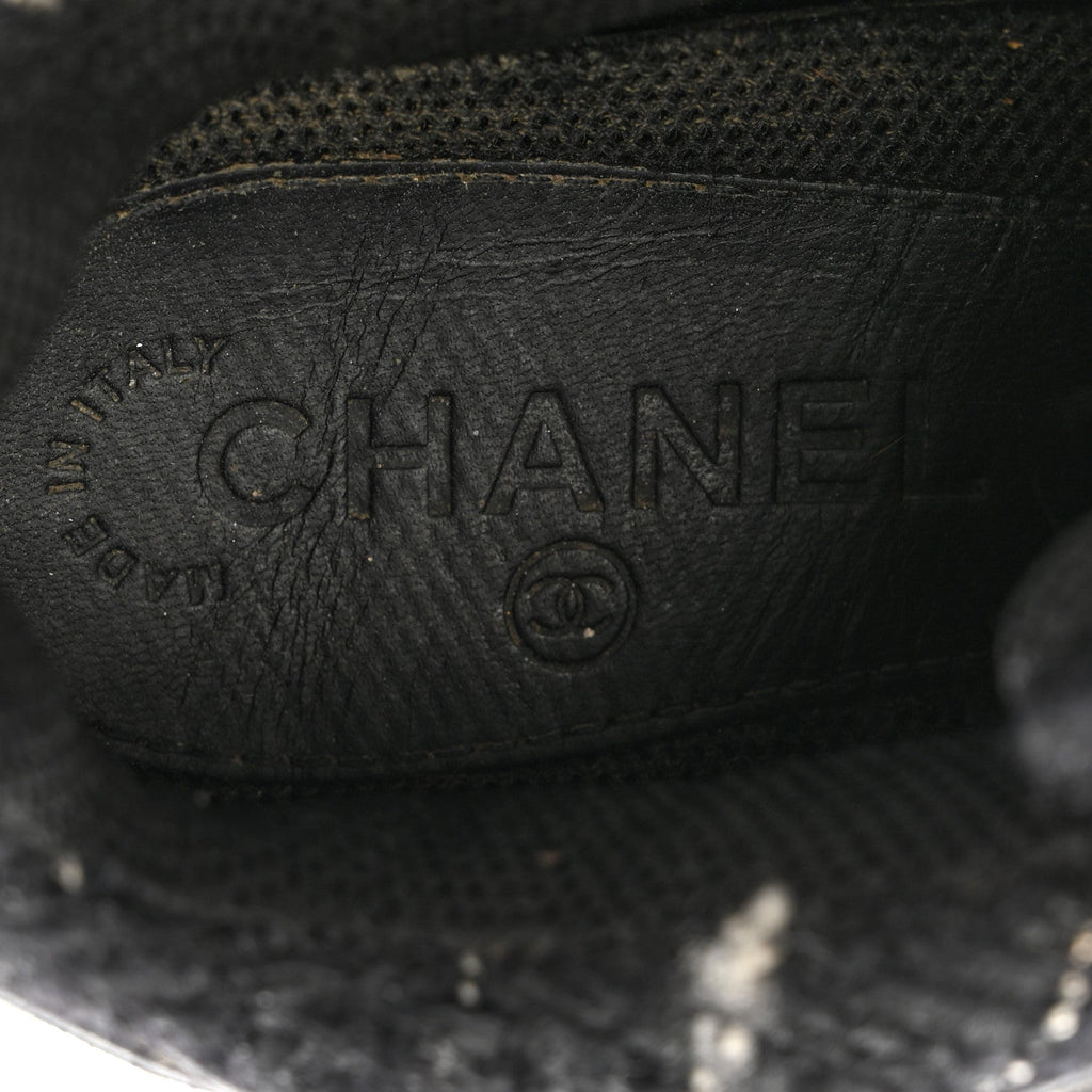 Chanel Tweed Suede Goatskin CC Sneakers 38 Black White