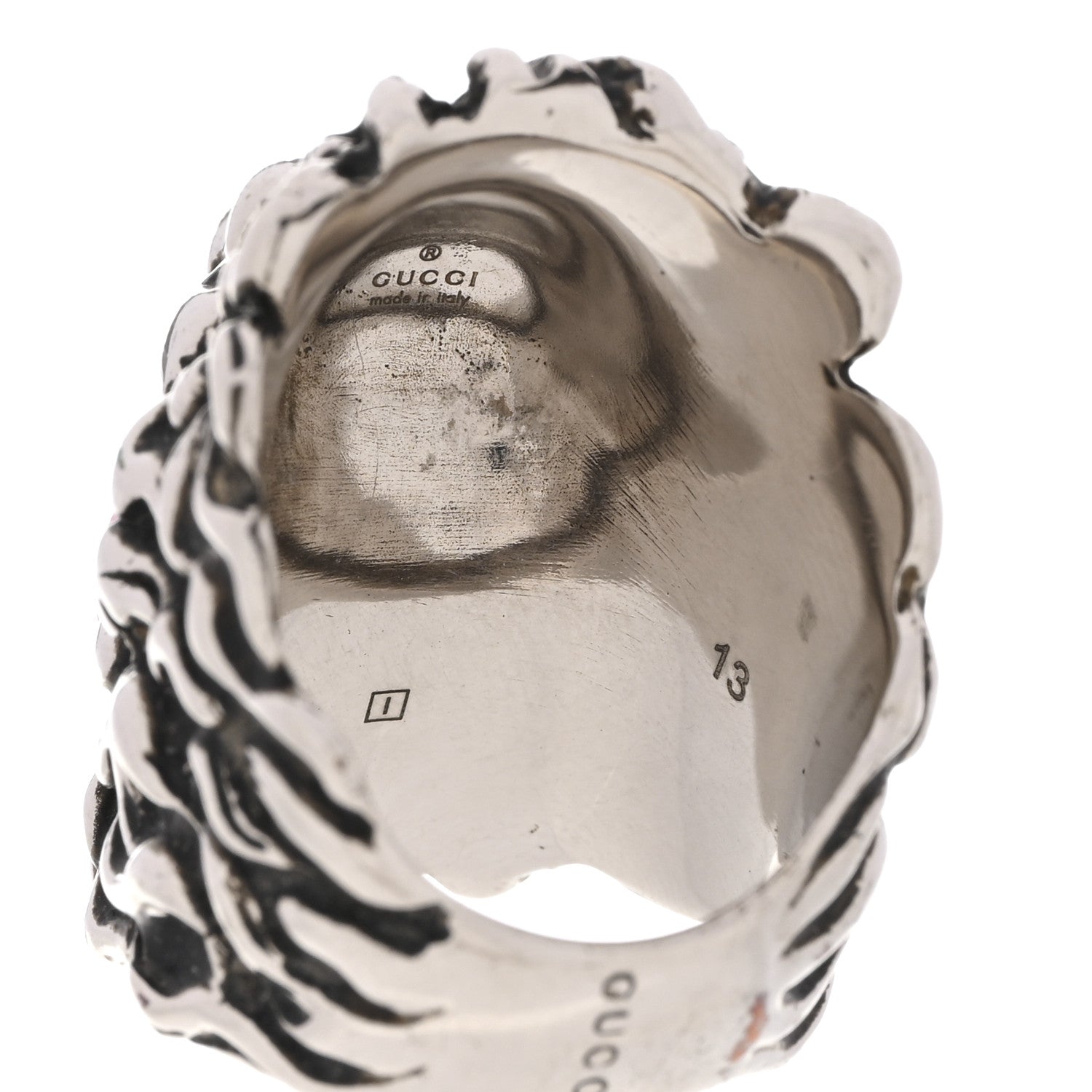 Gucci Metal Crystal Lion Head Ring 53 6.25 Pink Silver