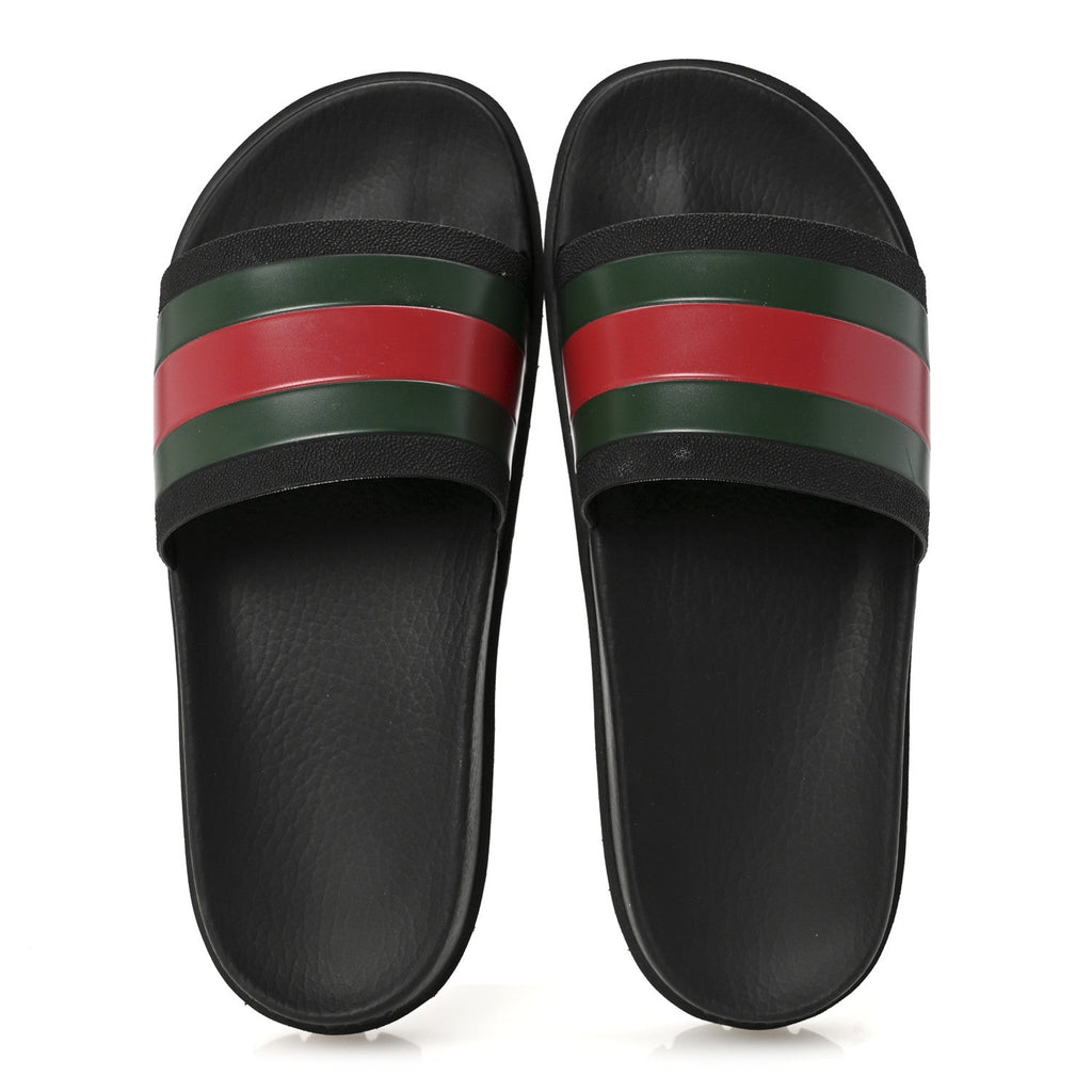 Gucci Rubber Web Mens Lug Sole Slide Sandals 7 Black Green Red