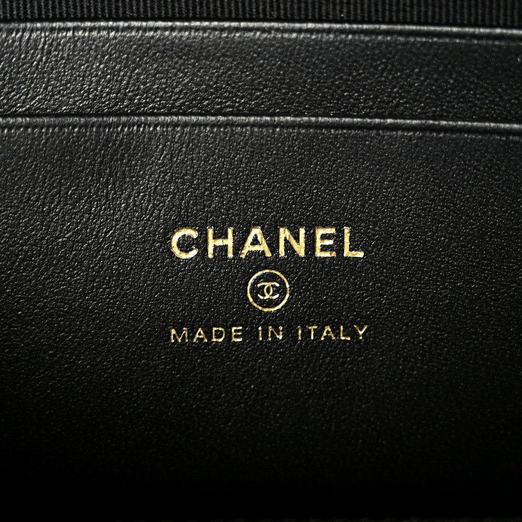 Chanel Suede Calfskin Shiny Lambskin Stitched Top Handle Slim Vanity Case With Chain Beige Black