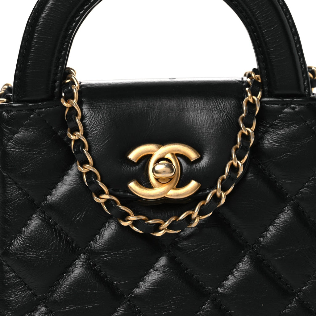 Chanel Shiny Aged Calfskin Quilted Mini Nano Kelly Shopper Black