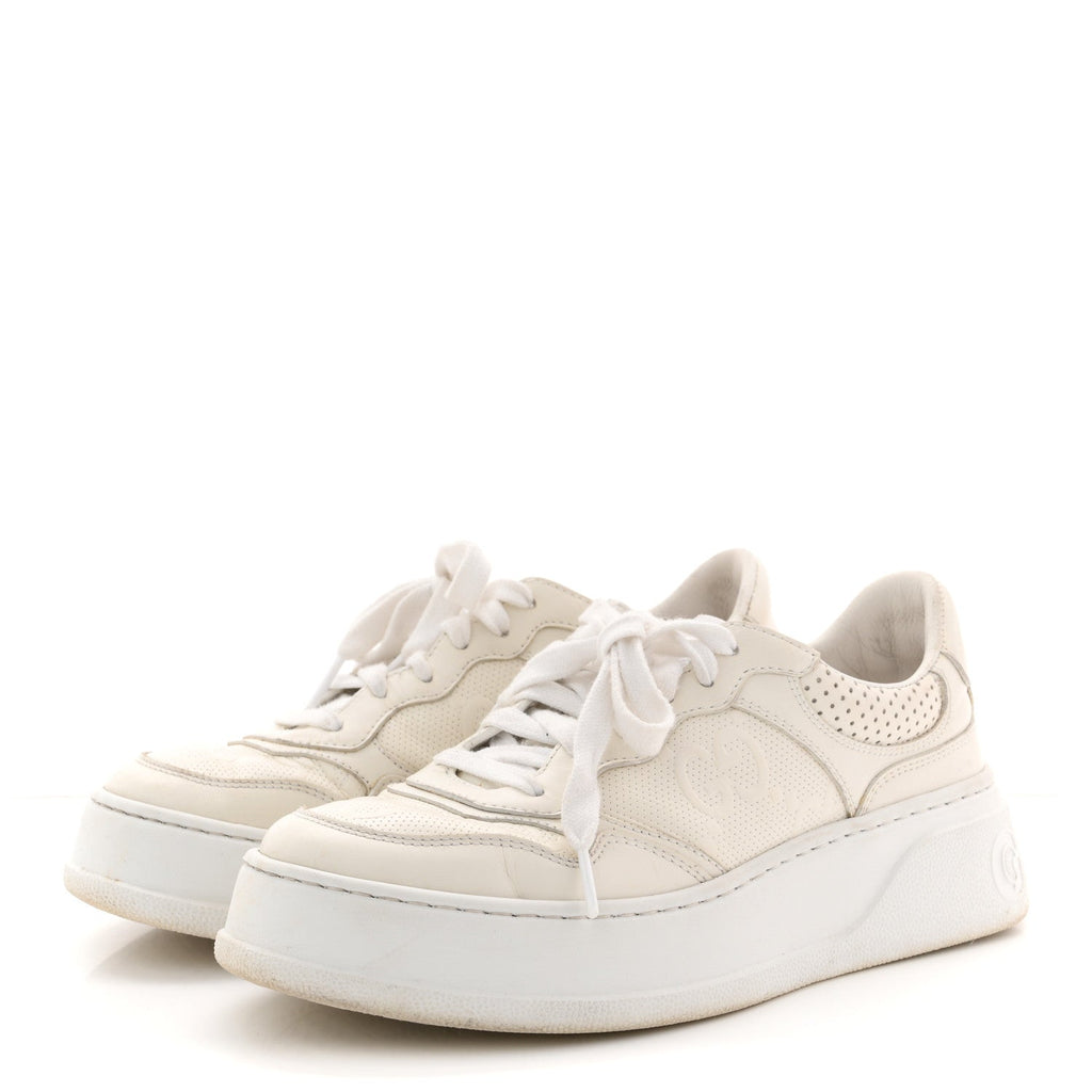 Gucci Calfskin GG Tennis Embossed Perforated Womens Platform 55mm Sneakers 37 Great White