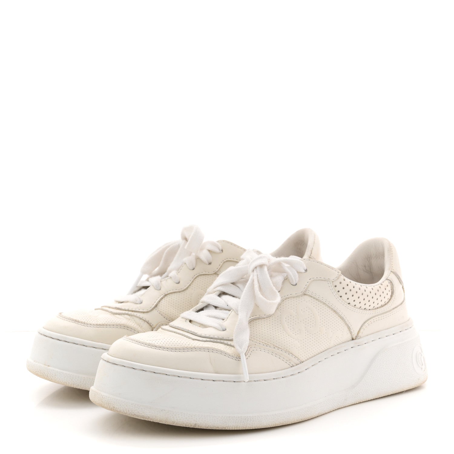 Gucci Calfskin GG Tennis Embossed Perforated Womens Platform 55mm Sneakers 37 Great White