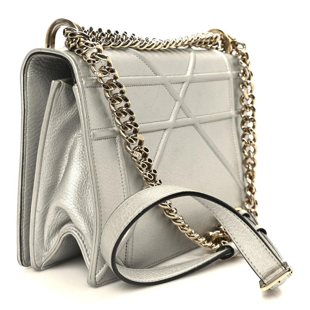 Christian Dior Metallic Grained Calfskin Medium Diorama Flap Bag Silver