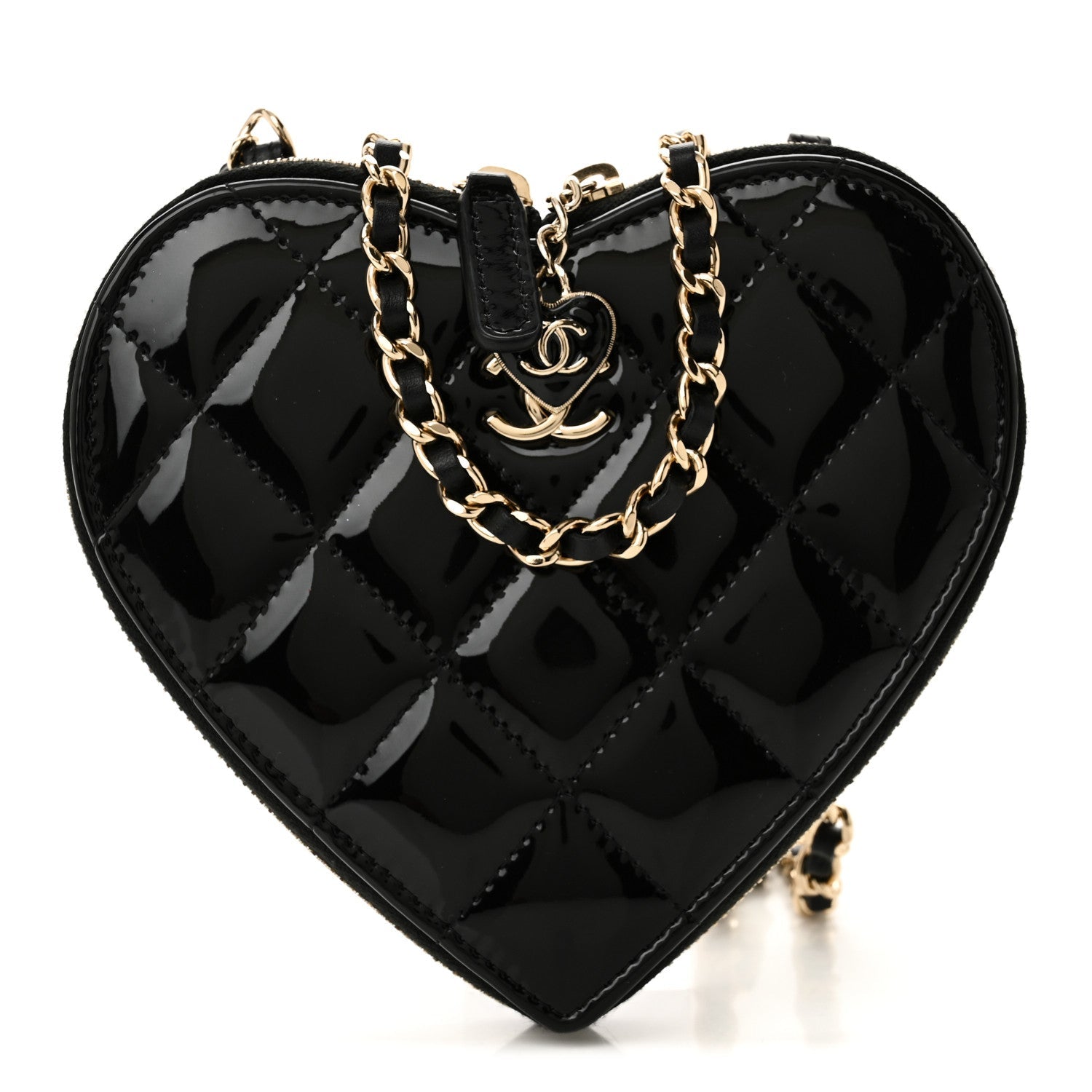 Chanel Patent Calfskin Resin Quilted CC Heart Clutch With Chain Black