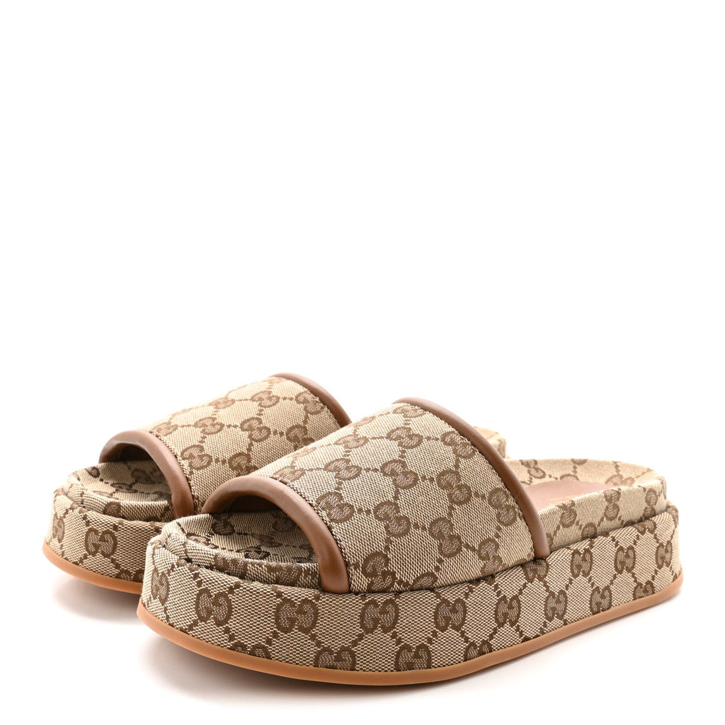 Gucci Original GG Canvas Monogram Womens GG Platform Sandals 37 Beige Dark Brown