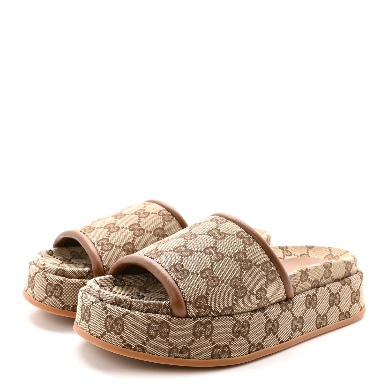 Gucci Original GG Canvas Monogram Womens GG Platform Sandals 37 Beige Dark Brown