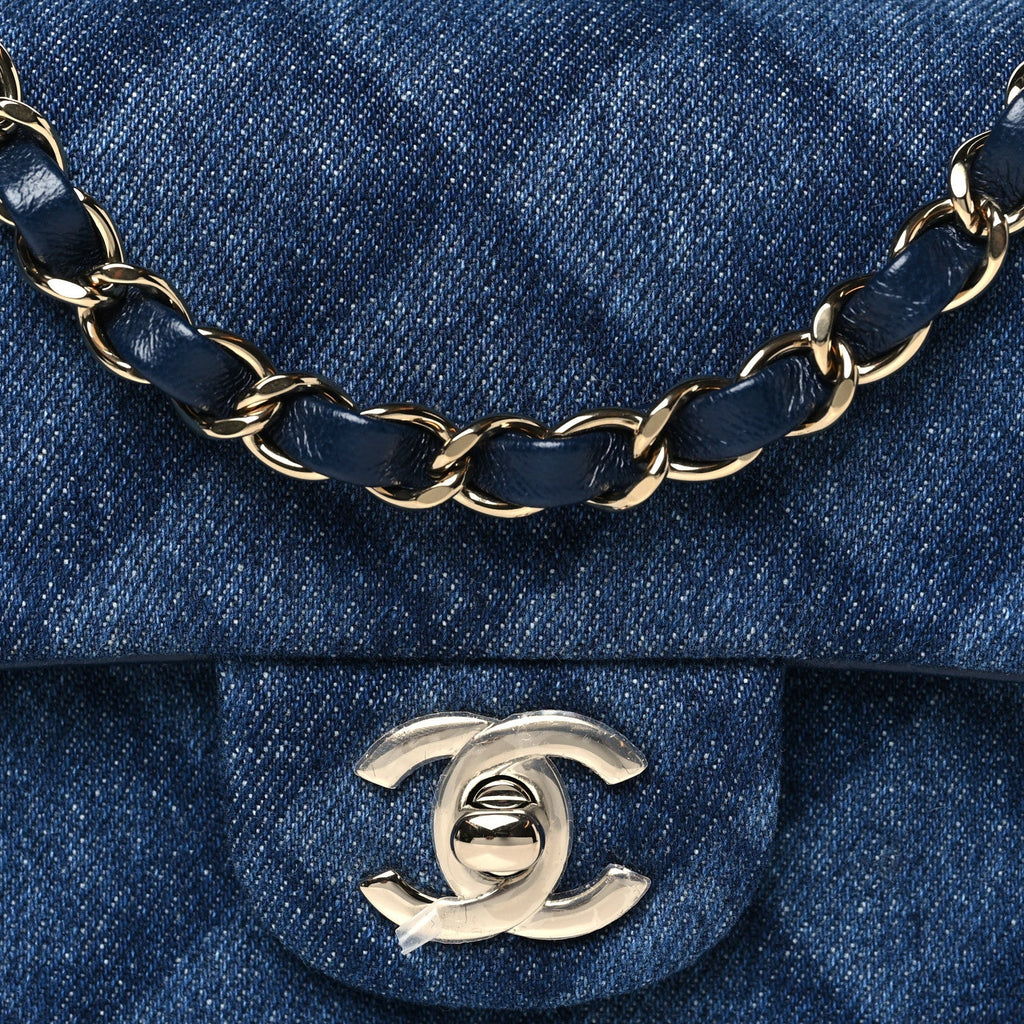 Chanel Printed Denim Quilted Mini Rectangular Flap Dark Blue