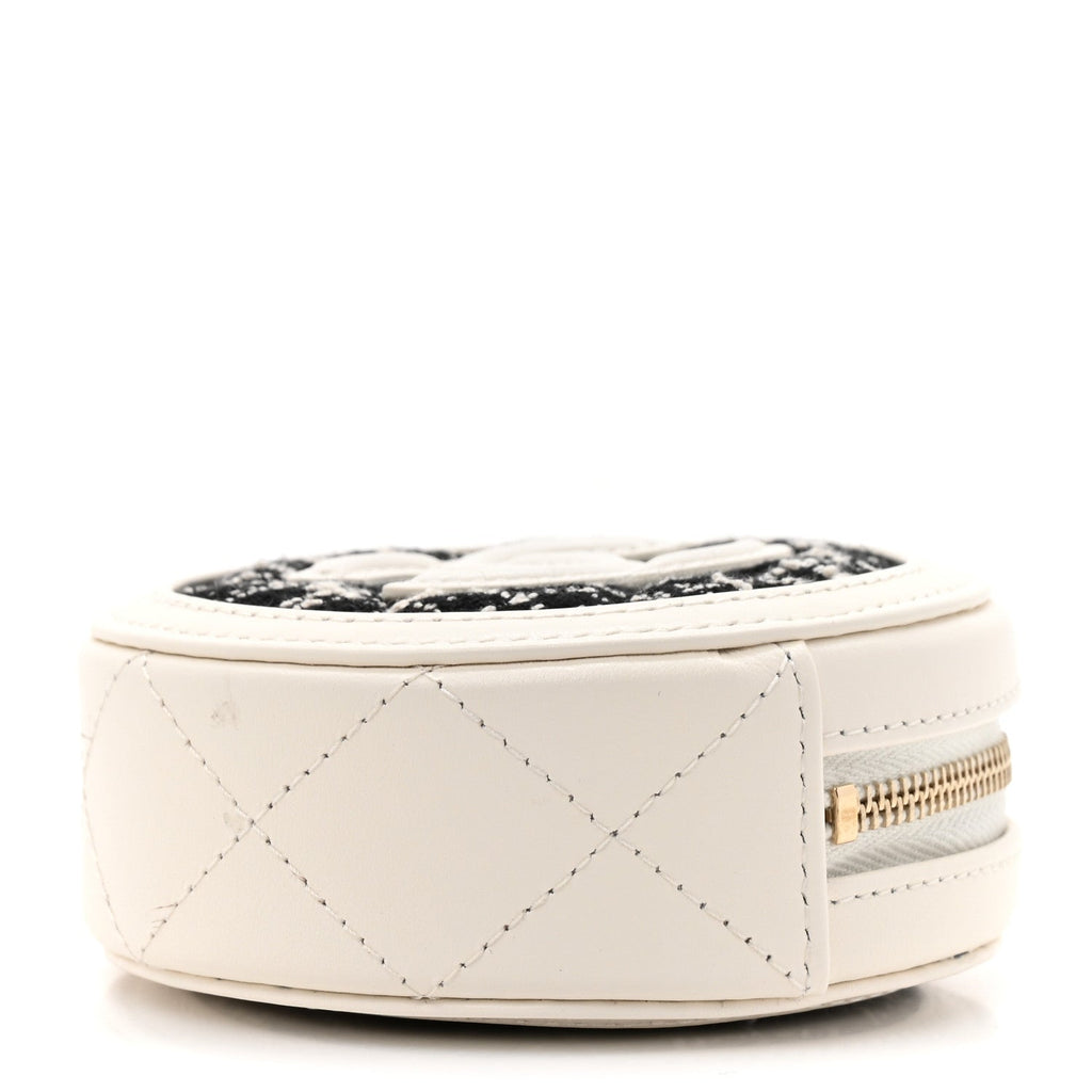 Chanel Tweed Quilted Round Filigree Pouch With Chain White Black