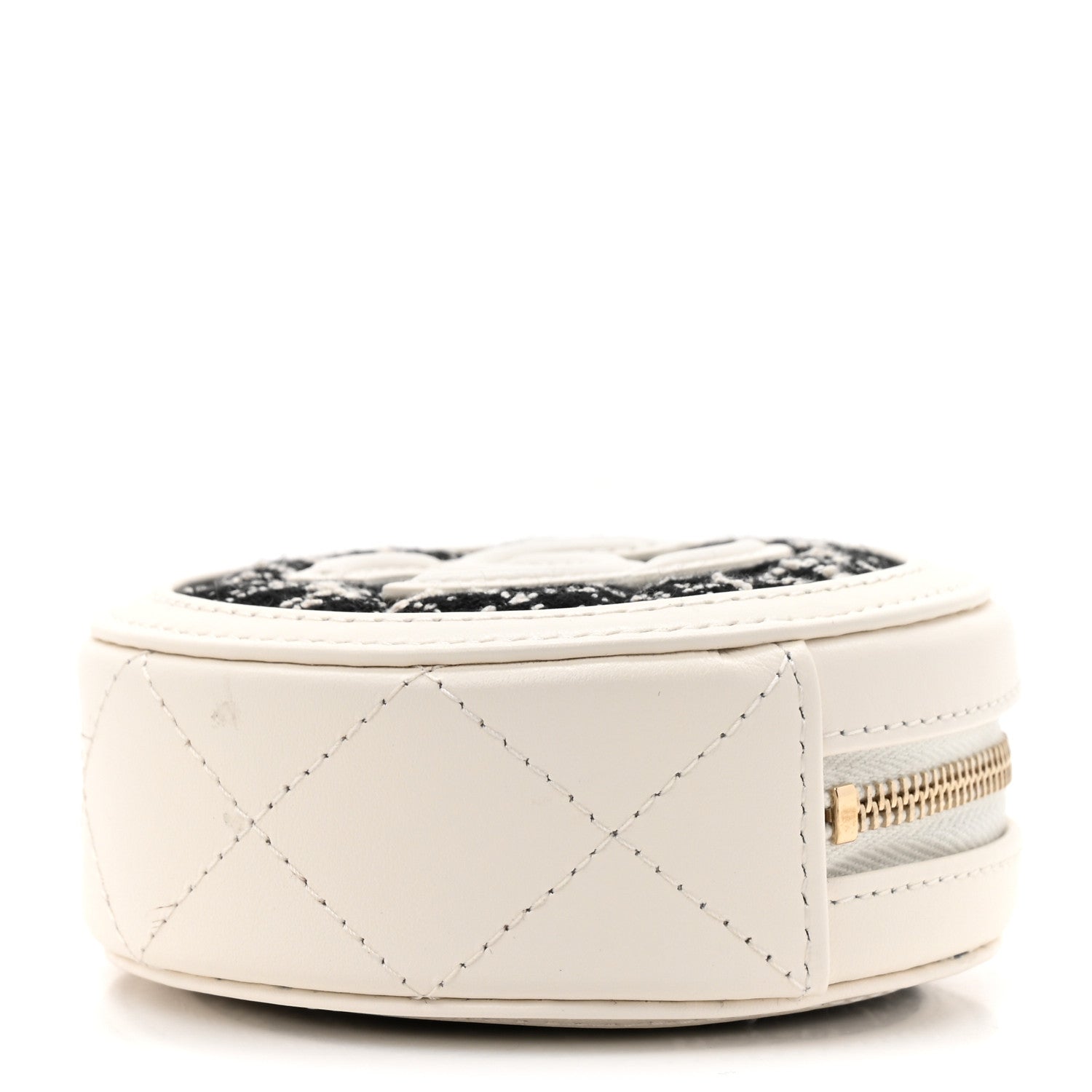 Chanel Tweed Quilted Round Filigree Pouch With Chain White Black