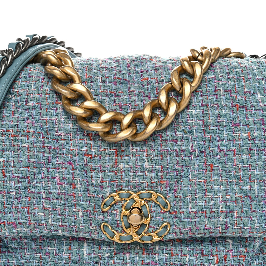 Chanel Tweed Quilted Large Chanel 19 Flap Blue Multicolor
