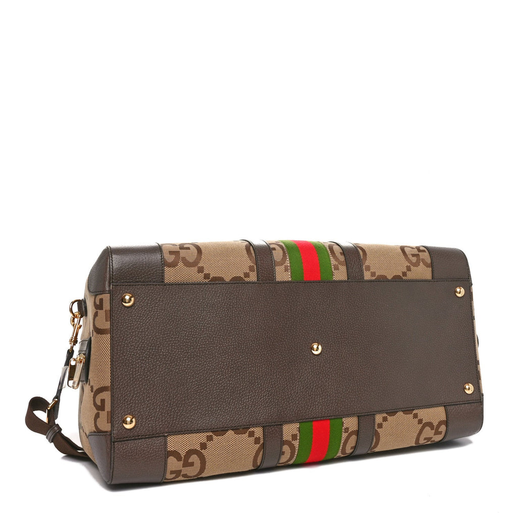 Gucci Monogram Jumbo GG Textured Dollar Calfskin Web Large Duffle Bag Camel Ebony