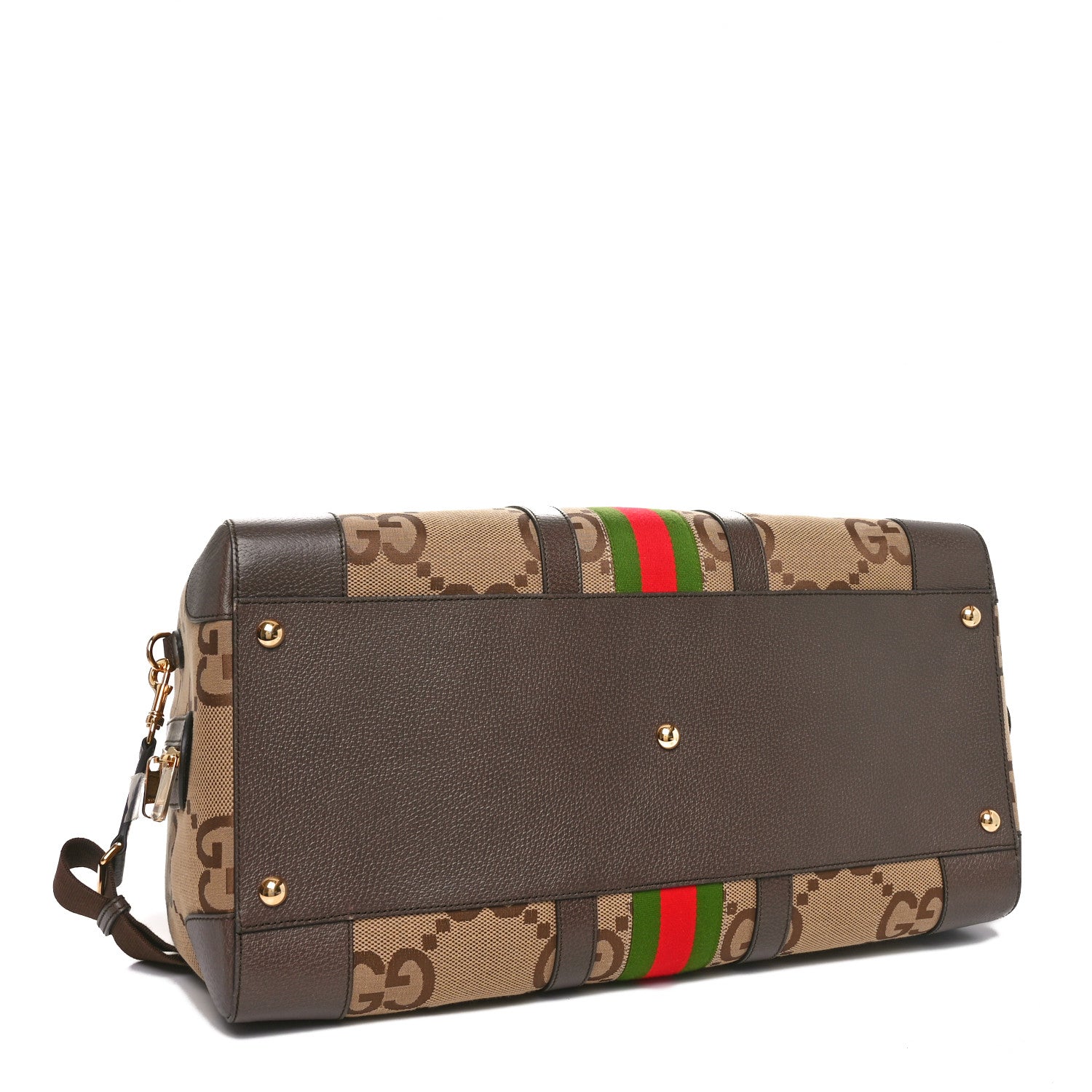 Gucci Monogram Jumbo GG Textured Dollar Calfskin Web Large Duffle Bag Camel Ebony