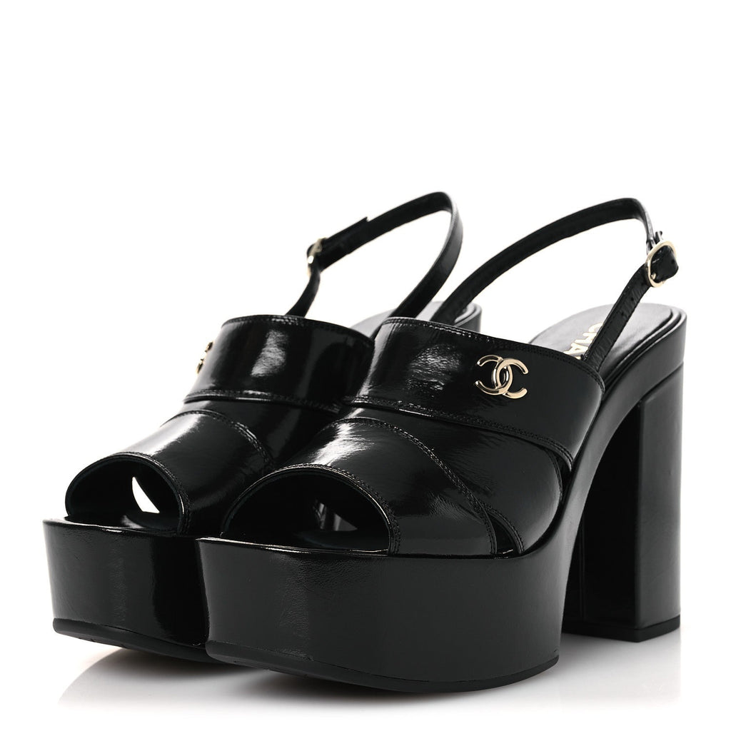 Crumpled Patent Lambskin Platform Sandals 39.5 Black