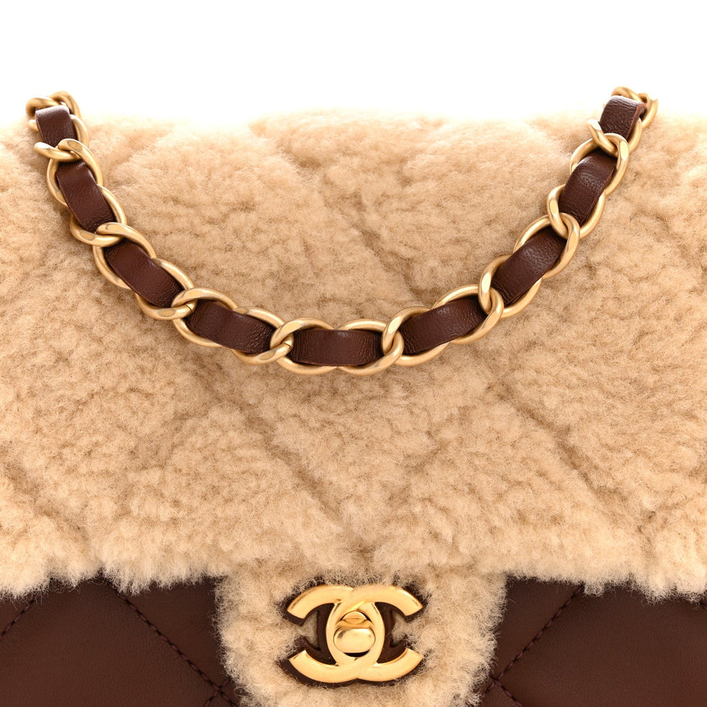 Chanel Shearling Lambskin Quilted Mini Furry Coco Flap Beige Brown
