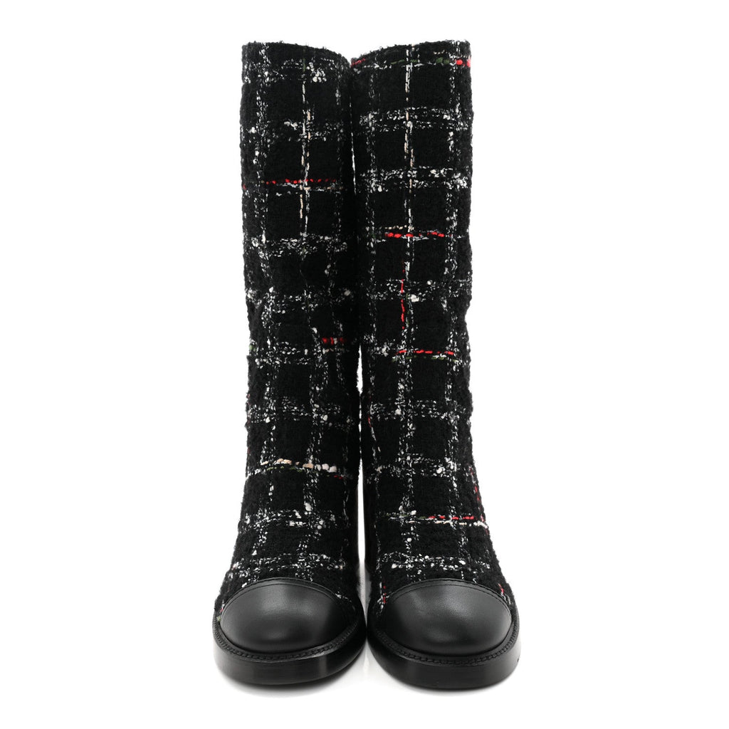 Chanel Wool Tweed Calfskin Cap Toe High Boots 38.5 Black Multicolor