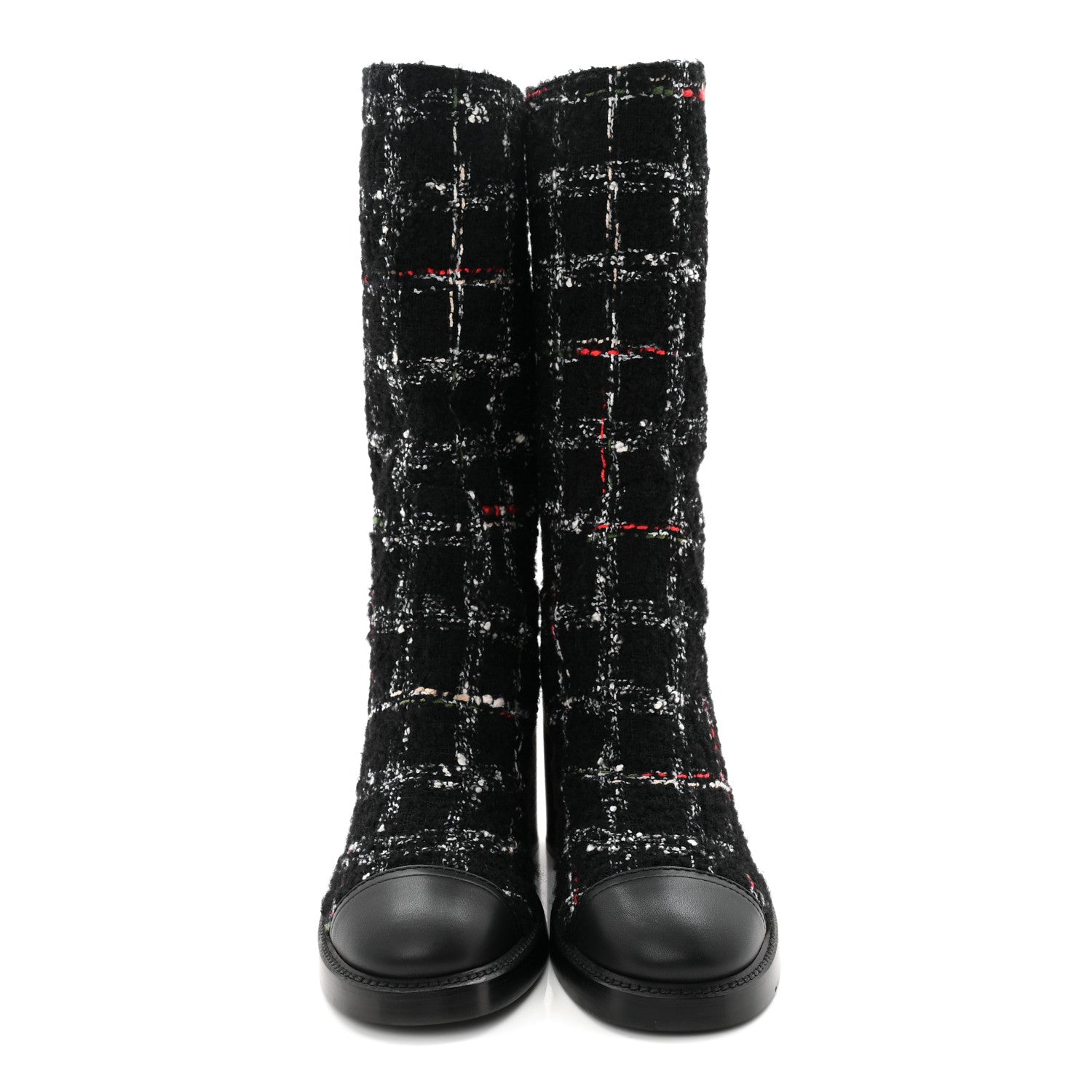 Chanel Wool Tweed Calfskin Cap Toe High Boots 38.5 Black Multicolor