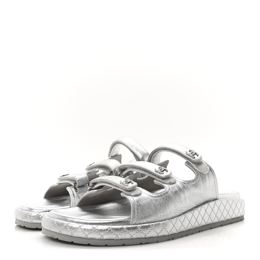 Laminated Lambskin Quilted Velcro Crystal CC Dad Slide Sandals 40 Silver